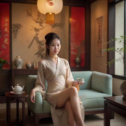 描绘了融合传统与现代的休闲空间，暗示了品茶的另一层含义。