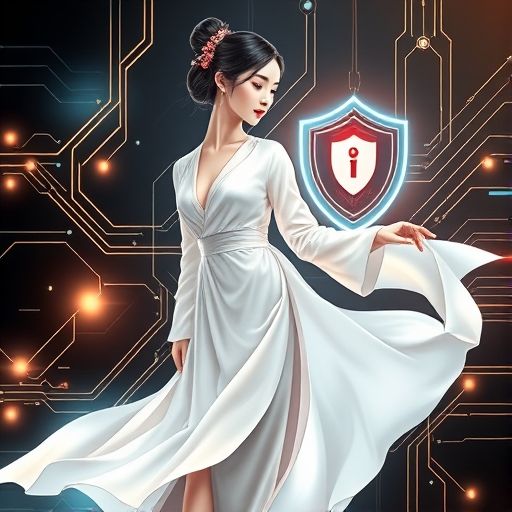 一个象征安全的盾牌图标保护着个人信息和支付图标，背景带有科技感线条