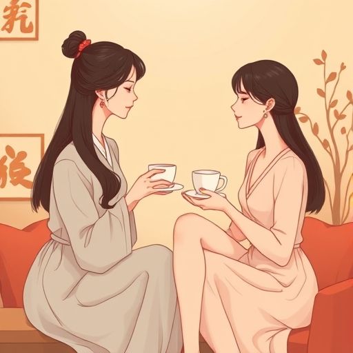 插画描绘两人通过手机微信就品茶细节进行友好沟通的场景