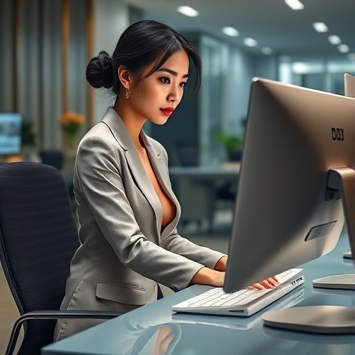 一位年轻人在办公桌前，面对电脑屏幕认真地比较和筛选不同的微信公众号或个人号信息
