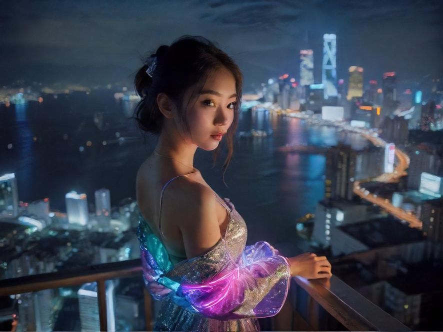 从高处俯瞰都市夜景，霓虹灯闪烁，营造出一种充满探索欲望的神秘氛围。