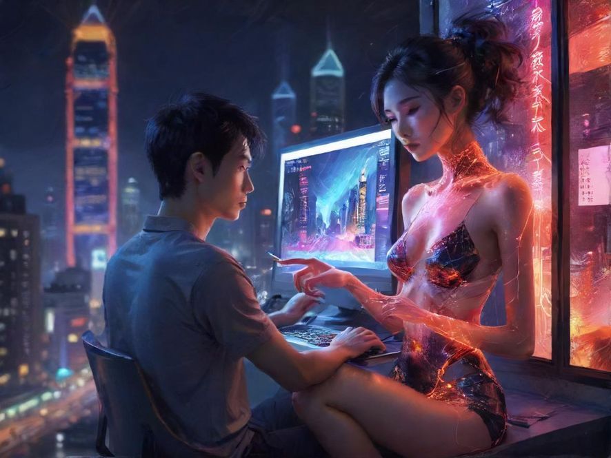 一个人在电脑前搜索信息的抽象插画，背景是模糊的城市夜景