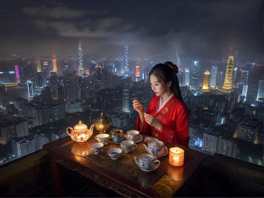 夜色下的茶具