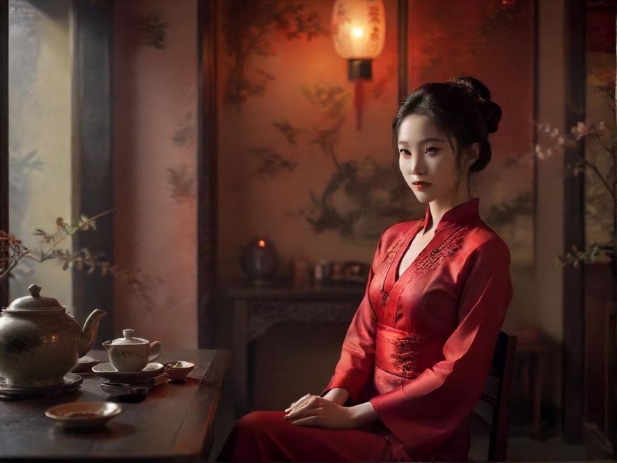 一间布置典雅的中式茶室，暖色调的灯光营造出宁静私密的氛围，适合品茶放松。
