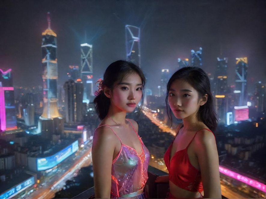 广州夜生活，城市霓虹灯闪烁，展现出活力四射的街景，从高处俯瞰更显繁华。