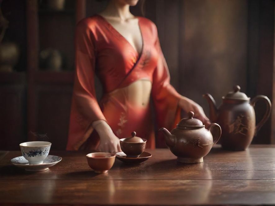 中式茶具特写，暖色调，微距拍摄