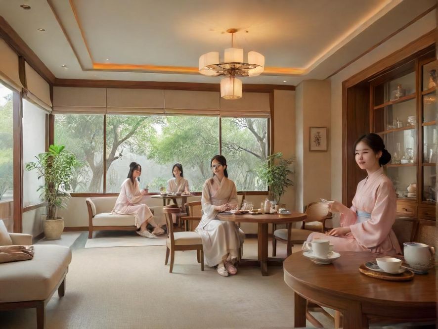 广州一处私密雅致的茶室，室内空间宽敞，光线柔和，营造出宁静舒适的氛围