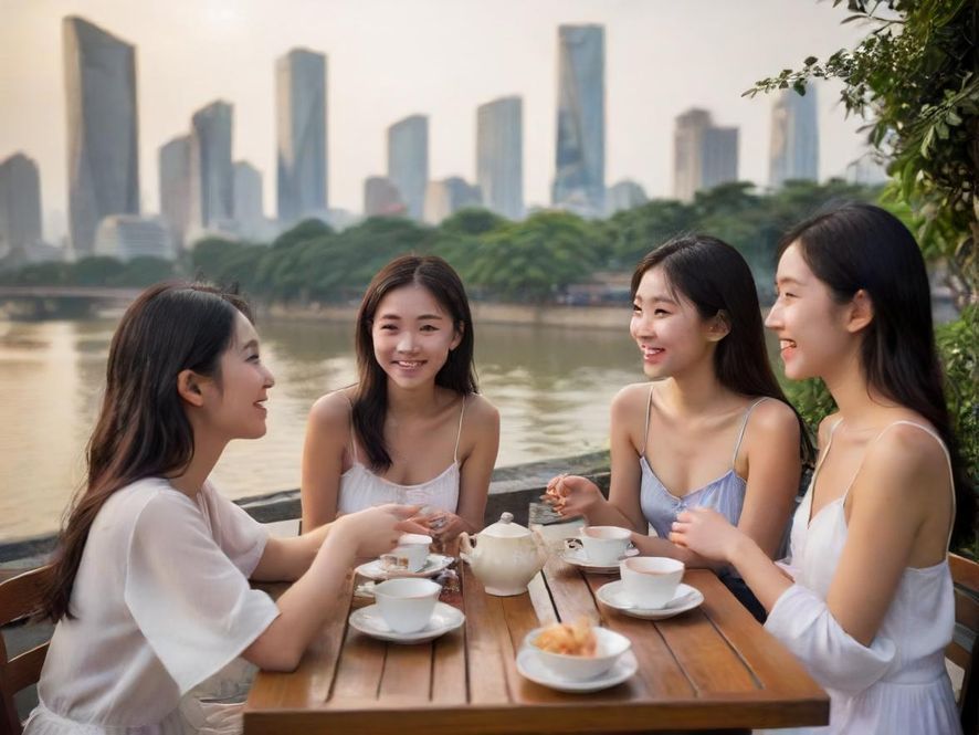广州学生约茶聊天场景，户外茶座伴随珠江美景