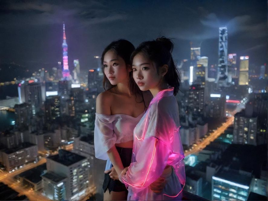 城市夜景，霓虹灯光映照下的繁忙都市，充满神秘感