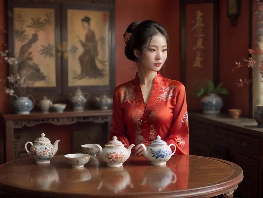茶桌摆设近景图