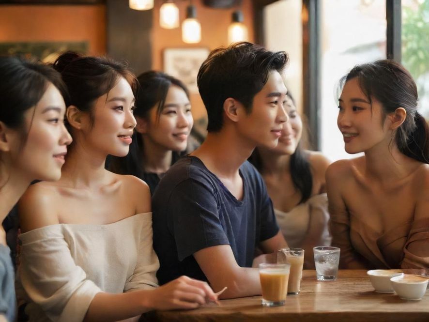 一对年轻男女在咖啡馆内轻松交谈，共享美好时光