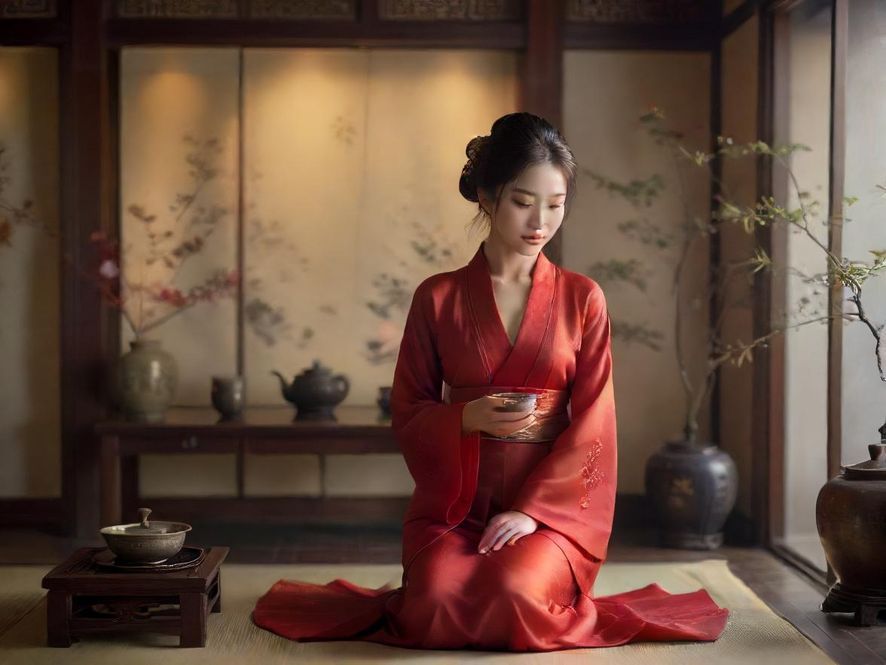 一个布置雅致、光线柔和的茶艺空间，桌面摆放着精美的茶具。