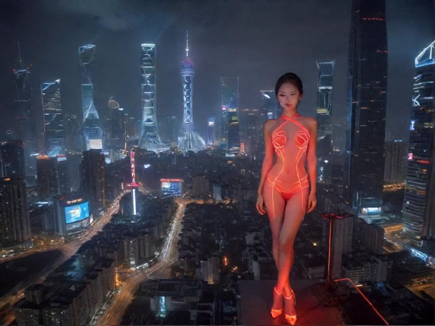 深圳夜晚街头霓虹闪烁的繁华景象