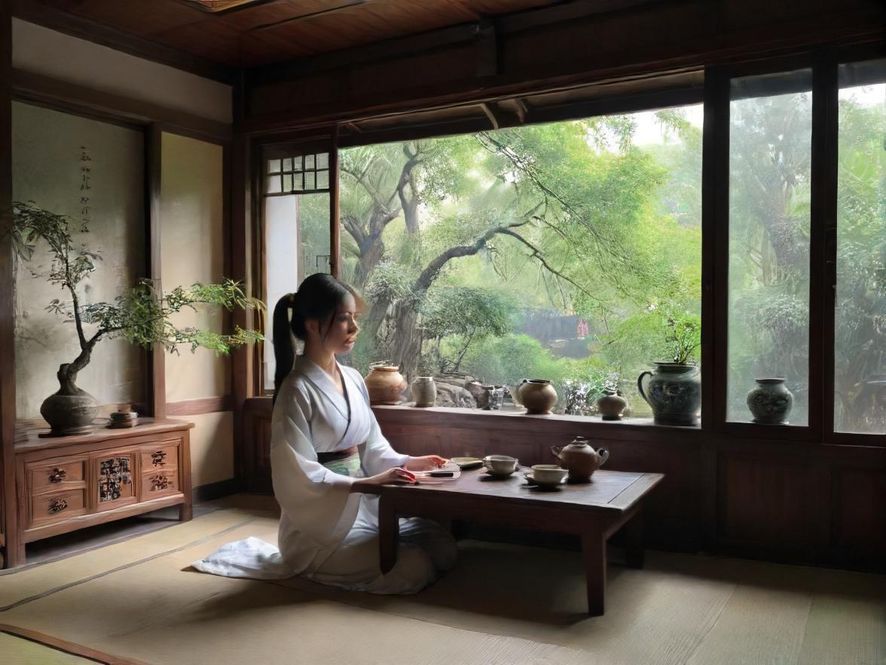 现代茶室内部，柔和灯光，舒适沙发