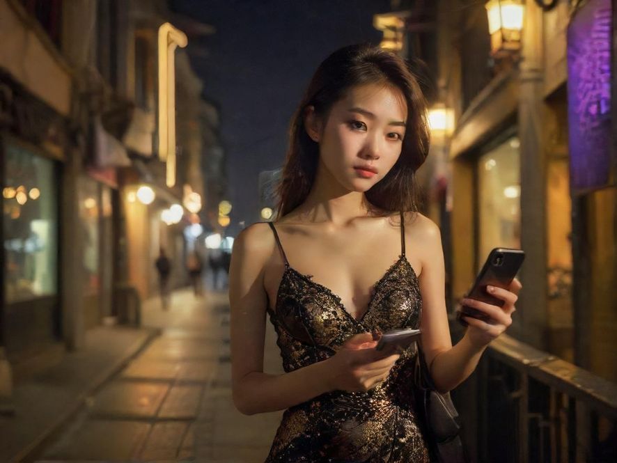 一个年轻人在夜晚专注地看着手机屏幕，屏幕上的内容模糊，但显示出论坛或社交界面的感觉，背景是柔和的城市灯光。