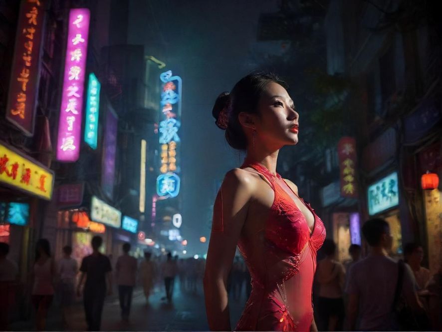 广州夜晚的街景，灯火辉煌