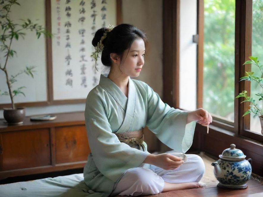 深圳喝茶美女在温馨茶室中品茶