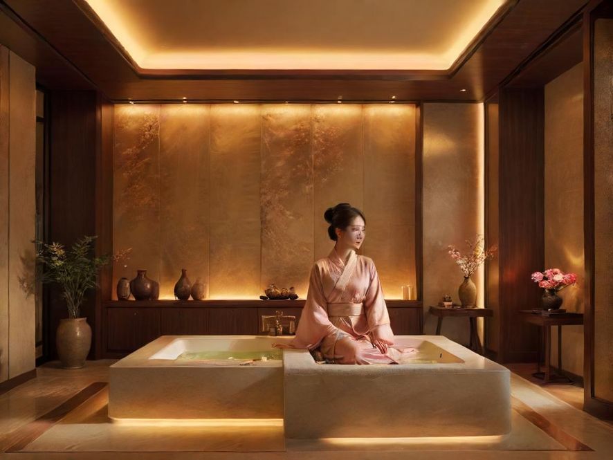 广州一家环境奢华舒适的中式养生会所,暖色灯光营造出温馨宁静的氛围,让人身心放松。