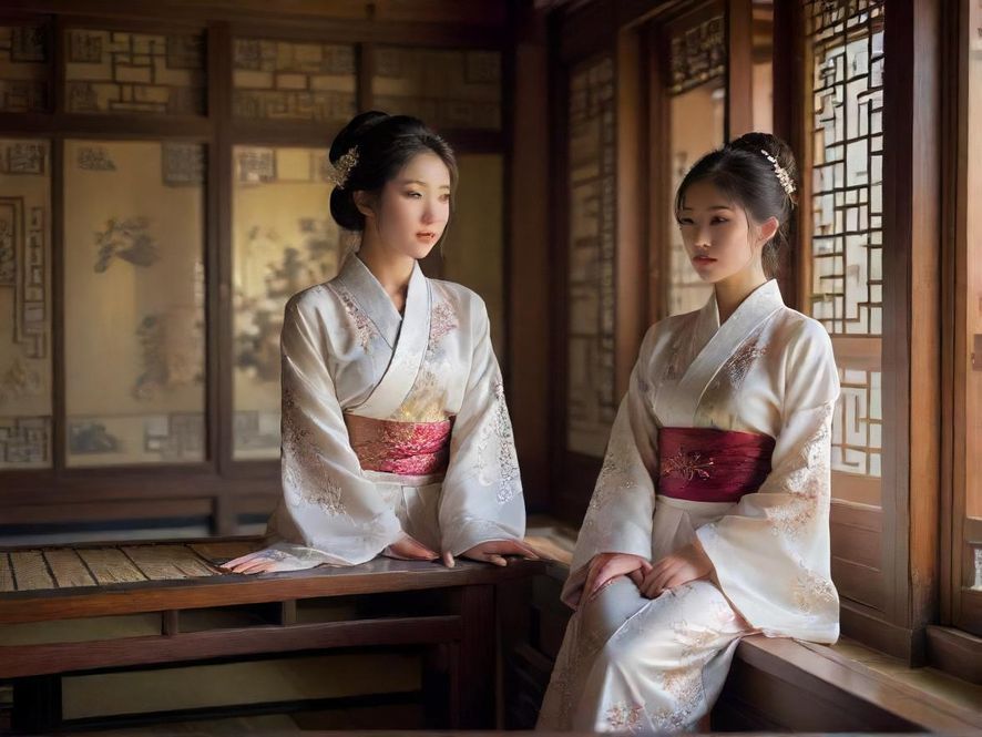 一位身着雅致古典服饰的女子,在传统阁楼中沉静地品茗,背景是古色古香的窗棂。