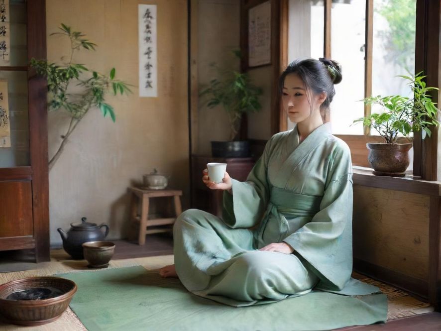 深圳温馨茶室内美女喝茶场景