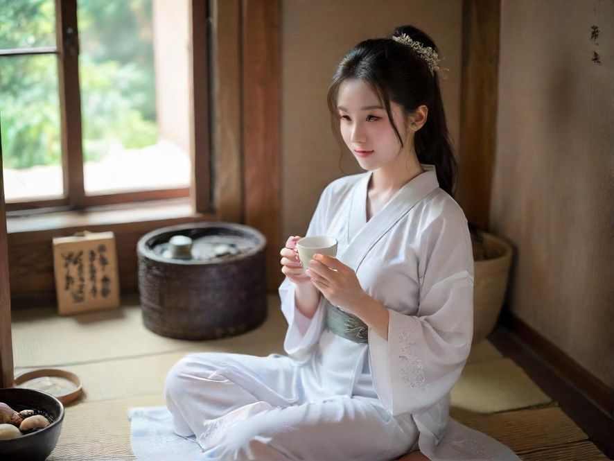 一位女士在温馨雅致的木质茶室中,享受着片刻的宁静与放松。