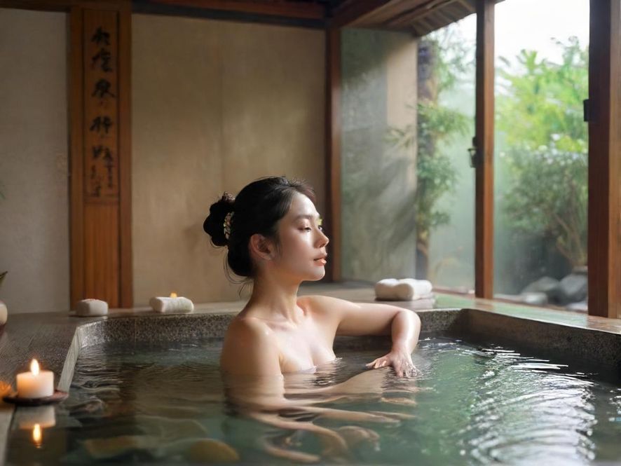 一位享受SPA的女性在中景特写下,柔和光线营造温馨舒适氛围的雅致私密水疗室,她面带微笑,尽情放松