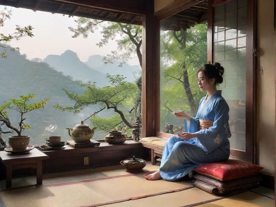 一位身着旗袍的优雅女性,在古色古香的茶室中,轻柔地为客人斟上一杯嫩茶,茶香四溢,氛围宁静而雅致。