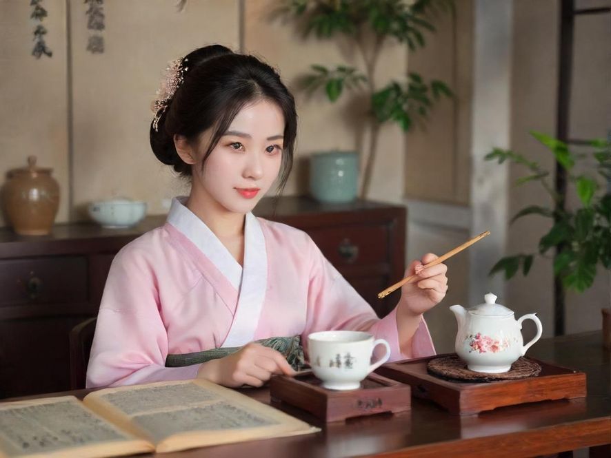 一位身着古装的女子侧身坐在典雅的茶楼中,背景是精致的古典庭院,整体画面充满宁静与唯美的意境。