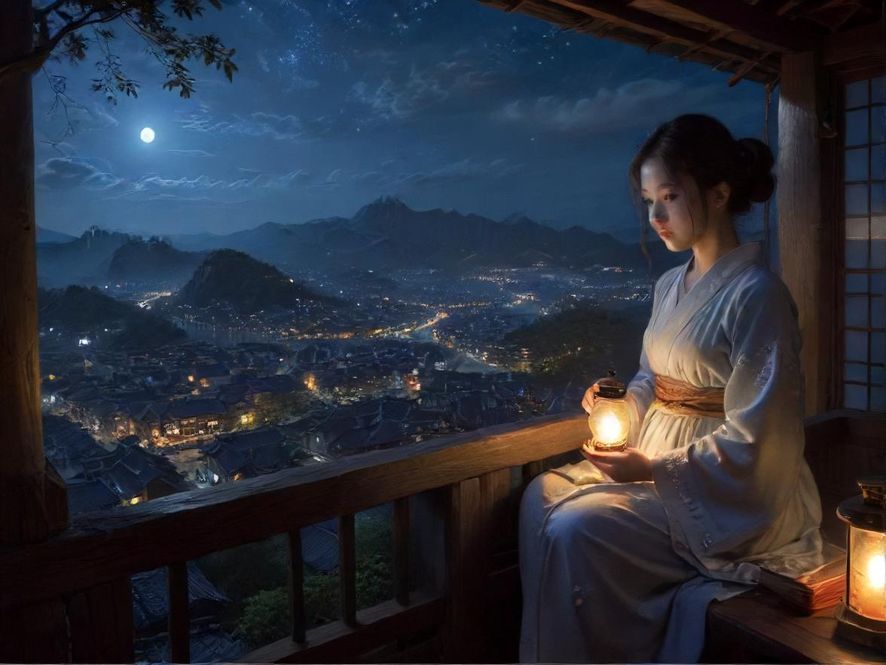 一位年轻女子在广州夜景前专注地查看手机屏幕,面带期待的微笑,手机上显示着一个社交应用界面。