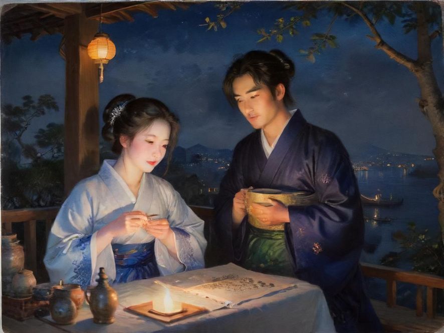 广州繁华夜色中,一对时尚男女在露天酒吧轻松交谈,暖色调灯光营造出浪漫而惬意的氛围。