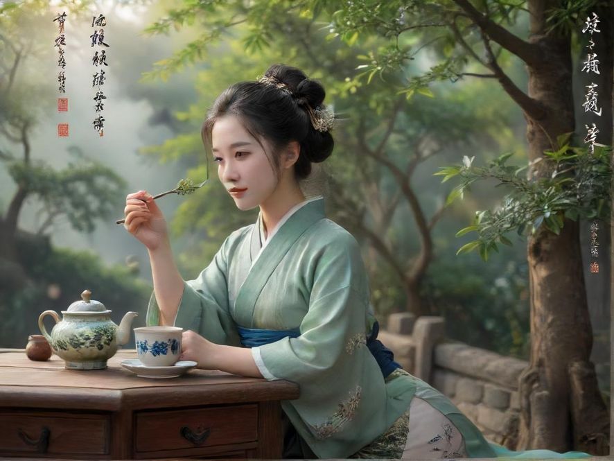 一位身着优雅服装的女子在典雅茶馆中侧面品茶的艺术摄影