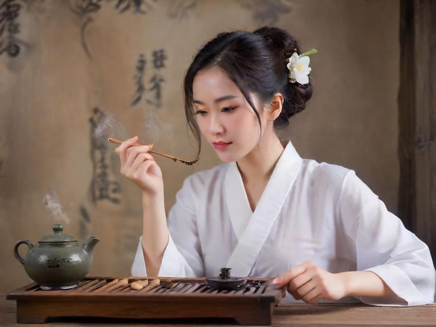 一位气质优雅的女性,手持精致茶具,面带微笑,背景是模糊的东方园林元素,整体呈现雅致复古的韵味。