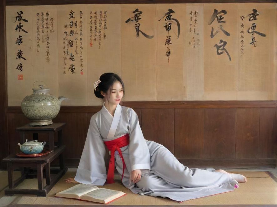 一间充满东方韵味的中式茶室,木质家具,茶具精致,光线柔和,营造出宁静雅致的氛围