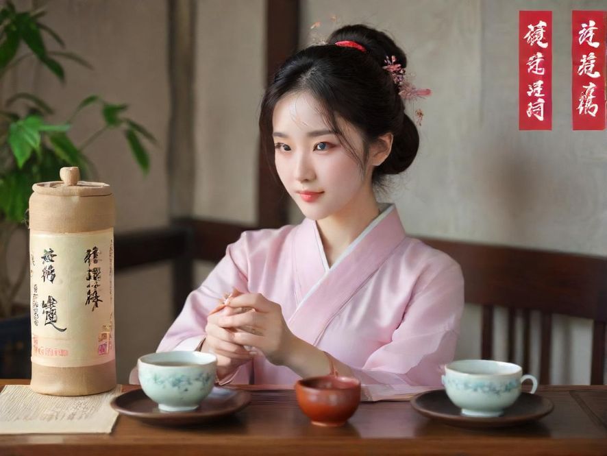 一位身着优雅服饰的女士,手持精美茶杯,神情专注地品尝着茶汤,背景是古典雅致的茶室。