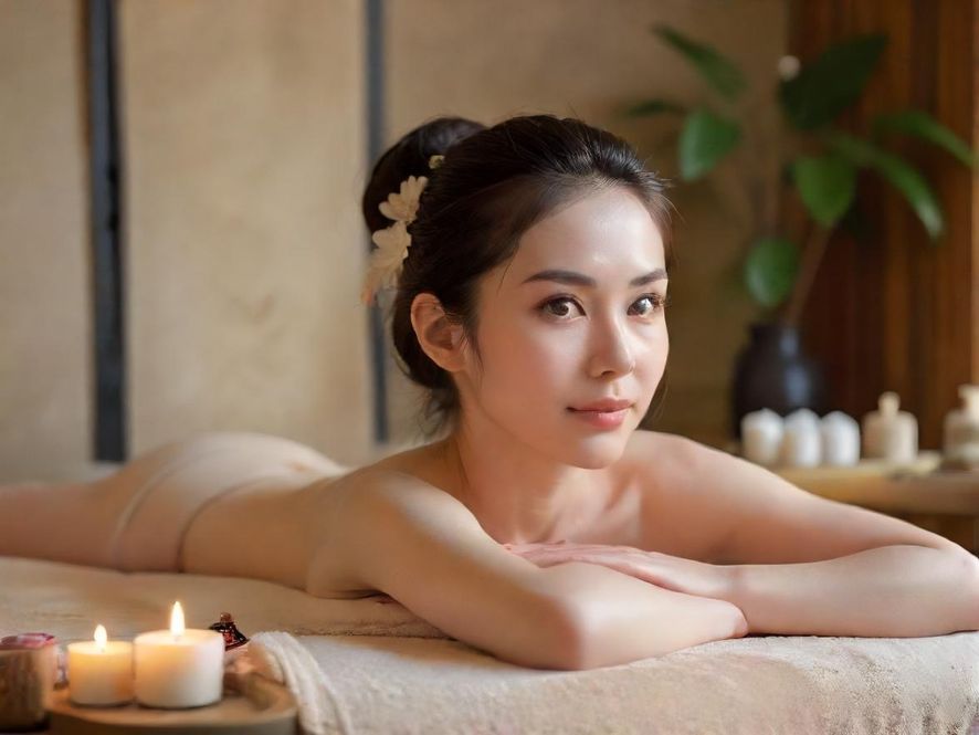 一位都市女性在现代简约的SPA会所中享受按摩，面部特写展现出放松与愉悦的唯美意境。