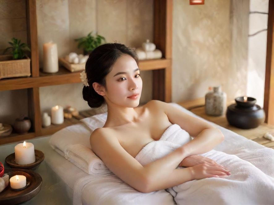 一名专业技师正在为顾客进行舒缓的SPA按摩,画面聚焦在局部特写,柔和的灯光和温馨的私密空间营造出宁静放松的氛围。