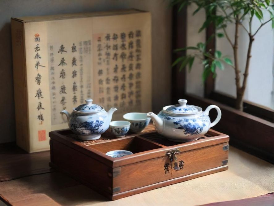 一个高端茶点外卖盒俯视视角,摆放在现代家居环境的茶几上,内含精致茶点和茶具。