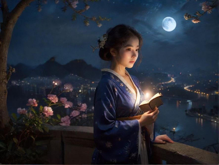 一位年轻女子在柔和的灯光下,手持手机浏览论坛,背景是美丽的广州珠江夜景